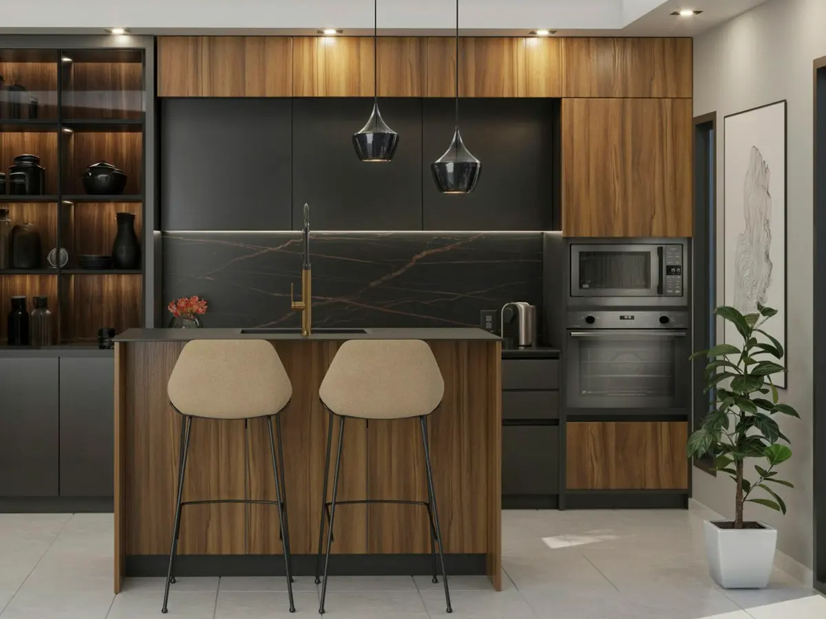 Render de cozinha com marcenaria em madeira e ilha com banquetas
