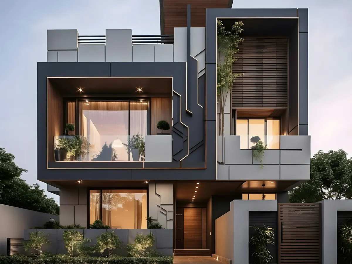 Render de fachada contemporânea com volumes escuros e vegetação