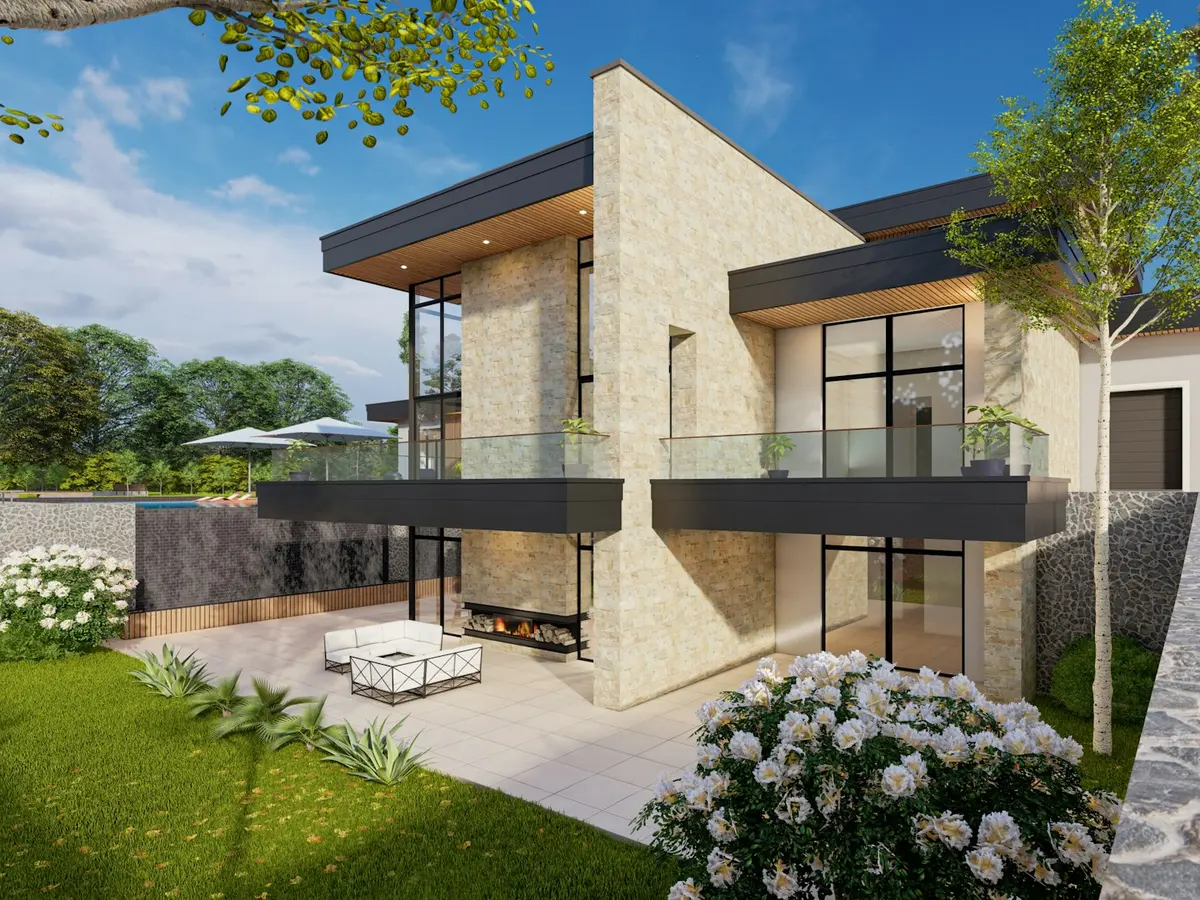 Imagem renderizada de residência com fachada em pedra e jardim