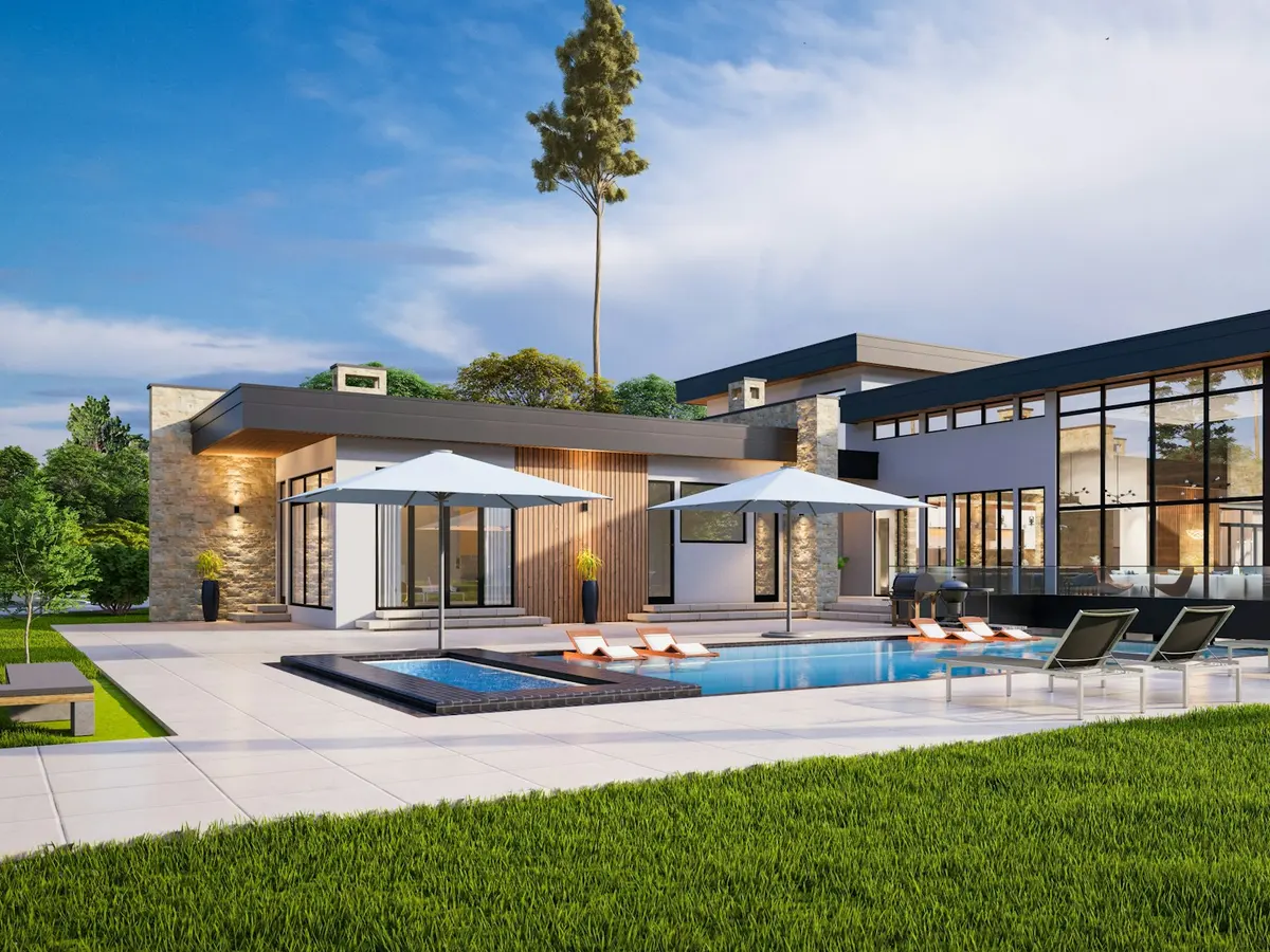 Imagem renderizada de residência térrea com piscina e deck