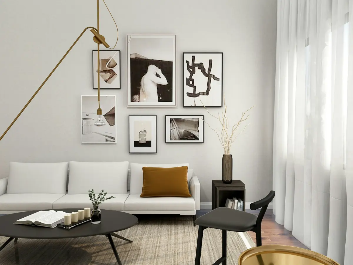 Render de sala de estar clara com sofá branco e quadros