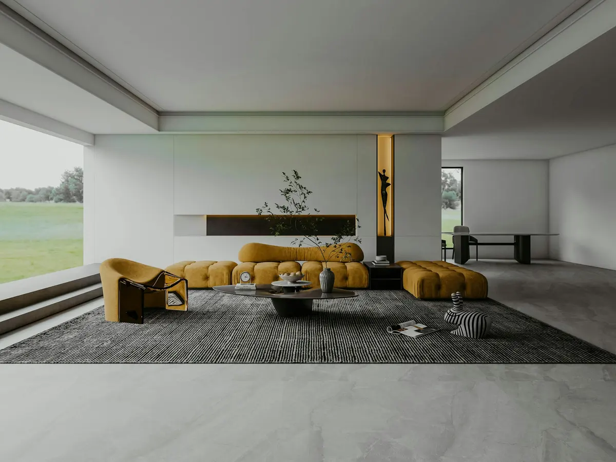 Render de sala de estar ampla com sofá e grandes aberturas